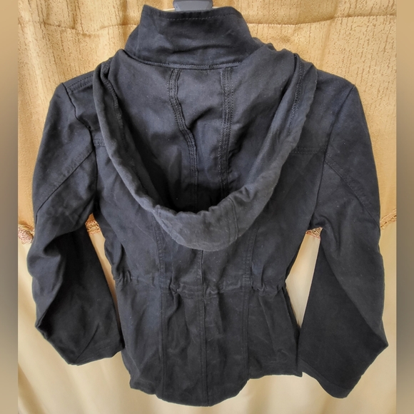 Women's Black swing jacket with hoodie and waist drawstring. Size Medium - Picture 7 of 10